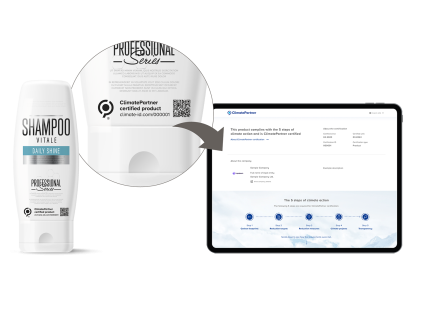 Shampoo mit dem Label ClimatePartner-zertifiziert und Sreenshot der Climate-ID-Website
